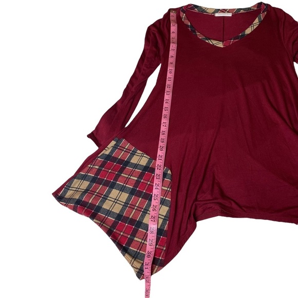Reborn J Long Sleeve Deep Cranberry Plaid Detail V-neck Tunic Ladies Small - Picture 10 of 11